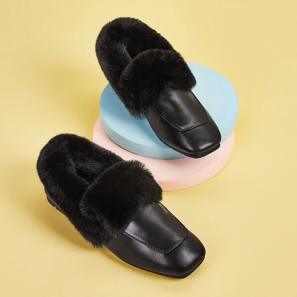 

Contrast Faux Fur Square Toe Loafers, Black