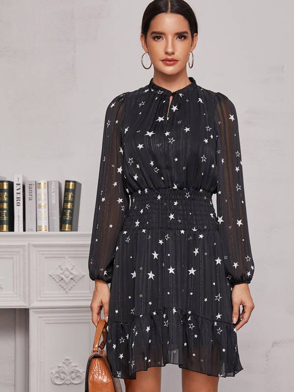 

Star Print Flounce Hem Dress, Black, Juliana