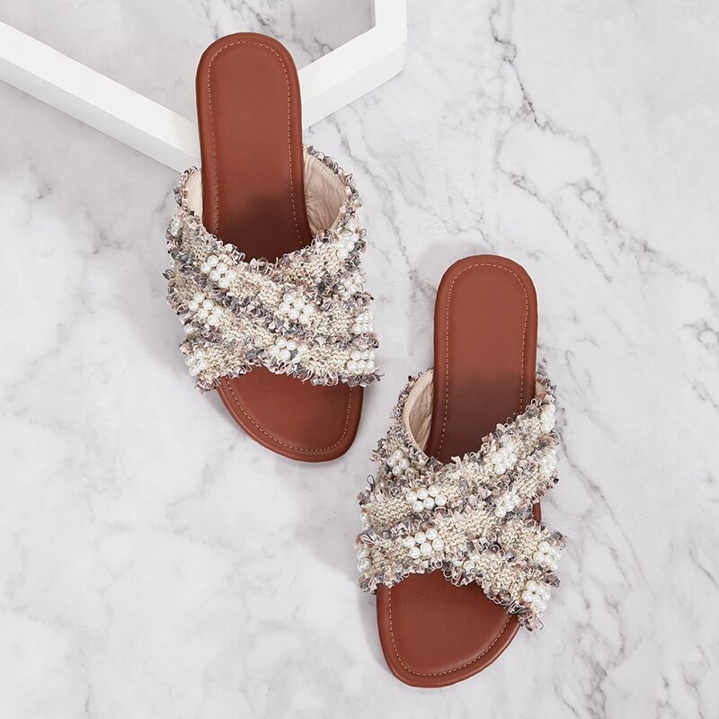 

Faux Pearl Decor Open Toe Sliders, Brown