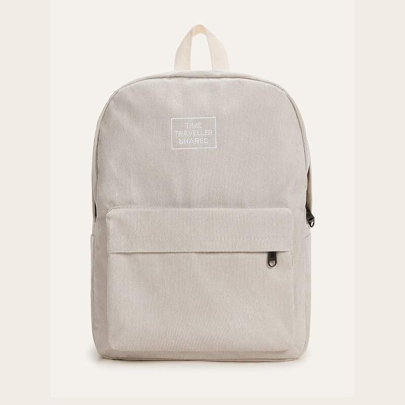 

Letter Embroidered Corduroy Backpack, Beige