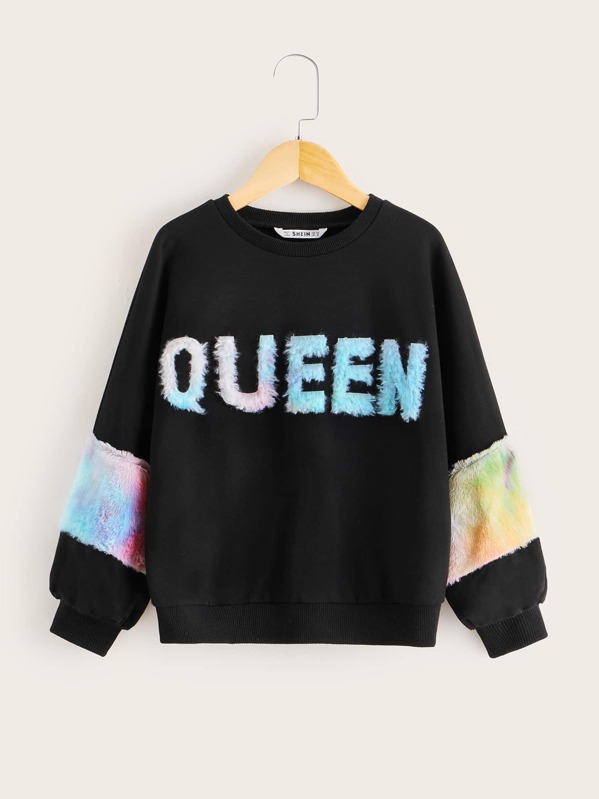 

Girls Faux Fur Panel Letter Pullover, Black