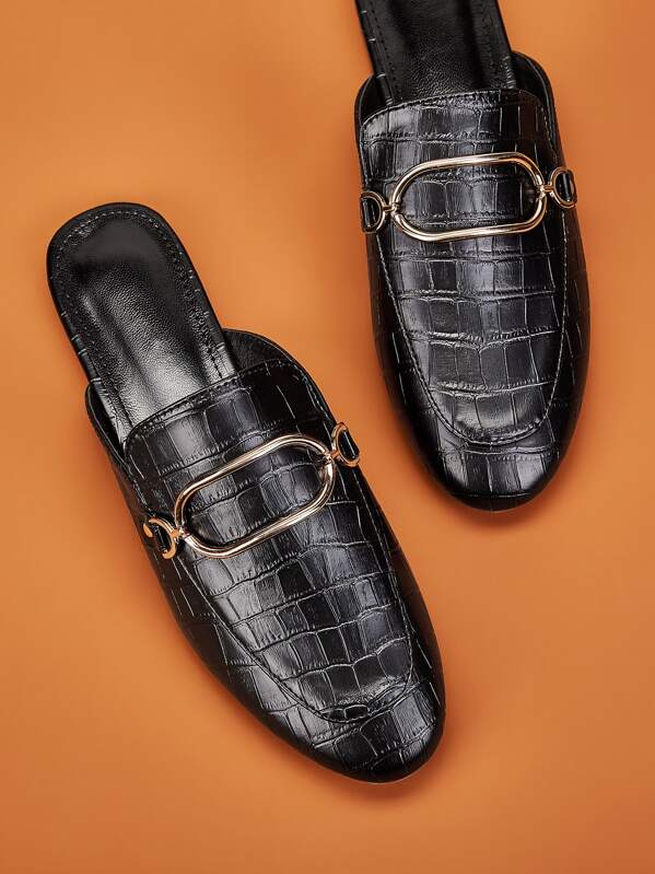 

Metal Decor Croc Embossed Flat Mules, Black