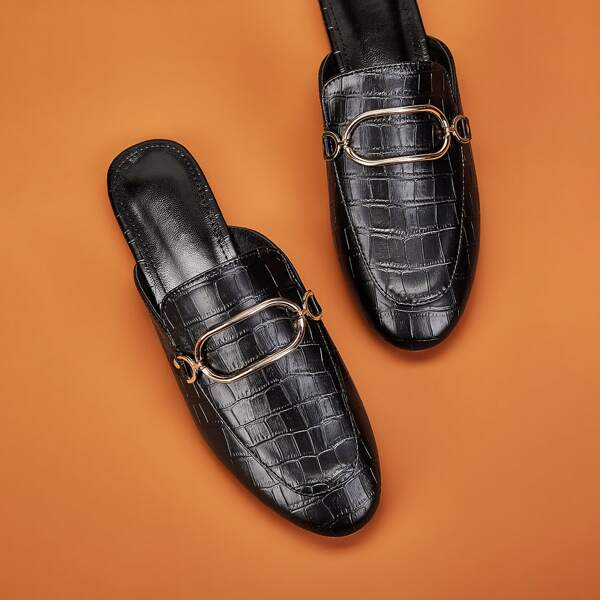 

Metal Decor Croc Embossed Flat Mules, Black
