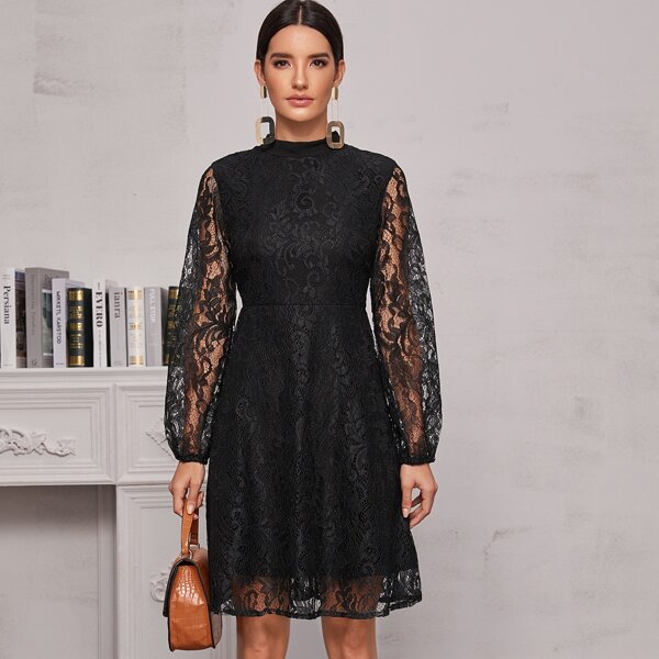

Tie Back Mock Neck Lace Dress, Black
