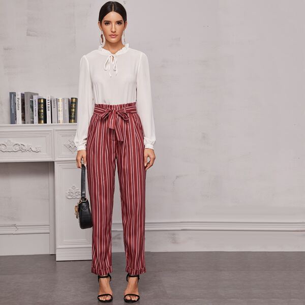

Pocket Side Striped Belted Tapered Pants, Burgundy