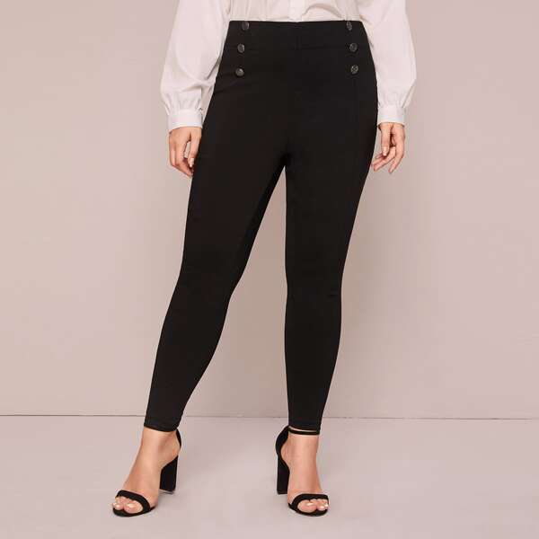

Plus Double Button Skinny Jeans, Black
