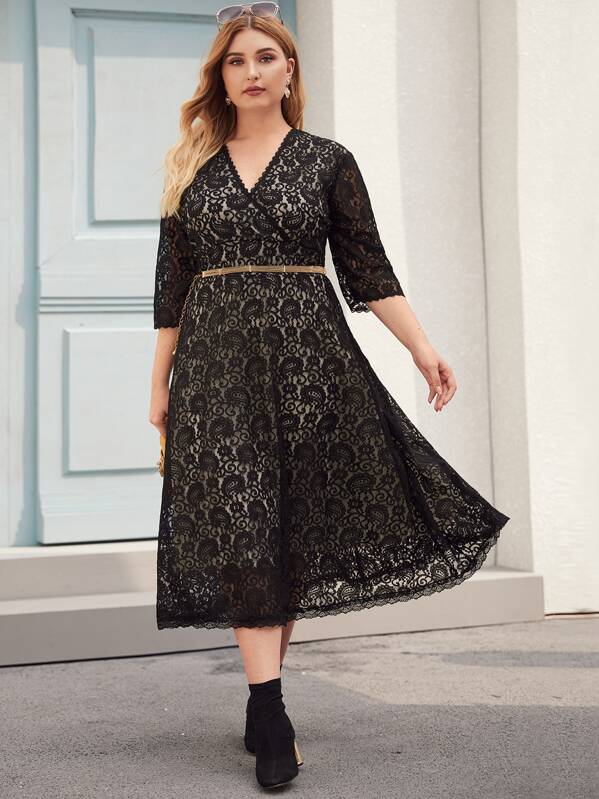 

Plus Surplice Neck Lace A-line Dress Without Belted, Black, Nora