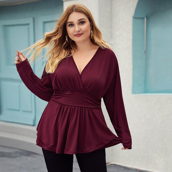 

Plus Surplice Neck Ruffle Hem Tee, Burgundy