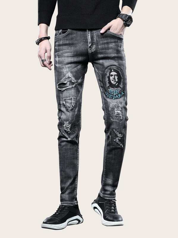 

Men Figure Graphic Ripped Jeans, Black