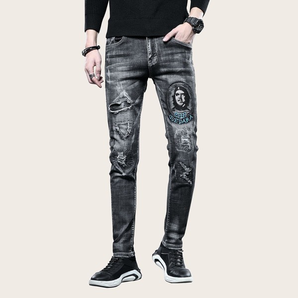 

Men Figure Graphic Ripped Jeans, Black