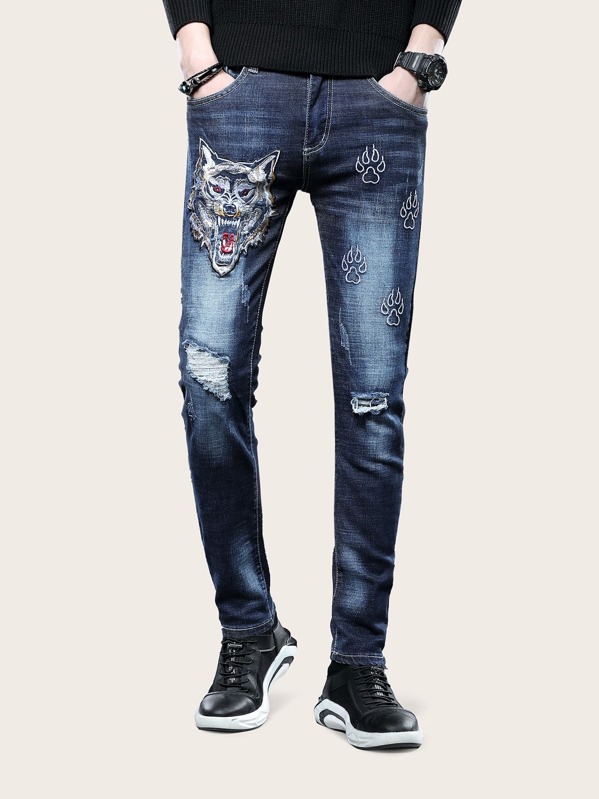 

Men Wolf Print Ripped Jeans, Blue