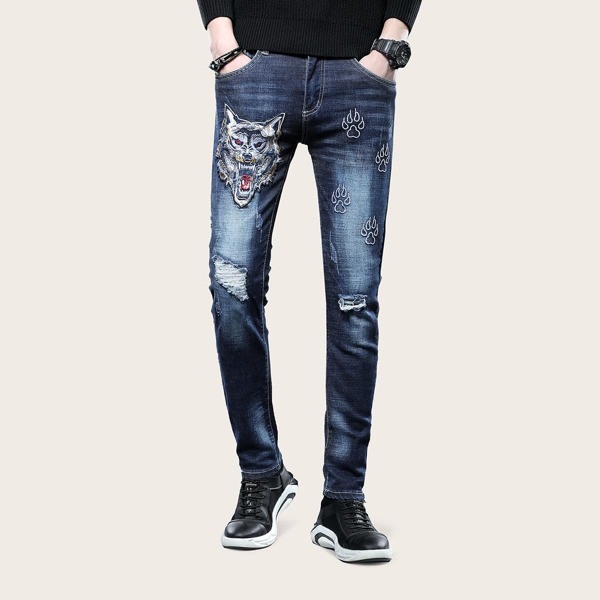 

Men Wolf Print Ripped Jeans, Blue