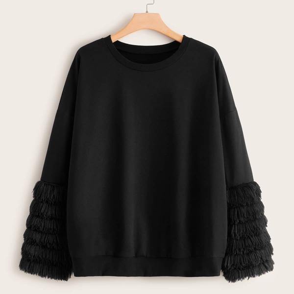 

Plus Solid Contrast Faux Fur Sweatshirt, Black