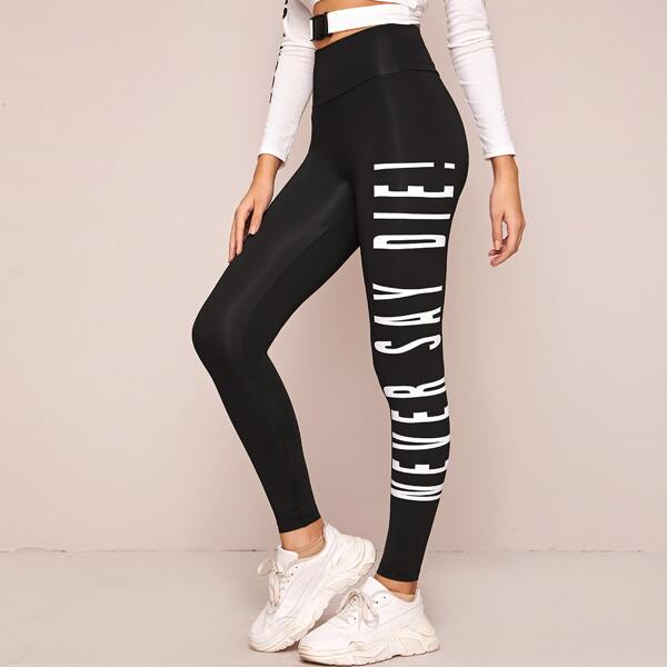 

Wide Waistband Slogan Graphic Leggings, Black