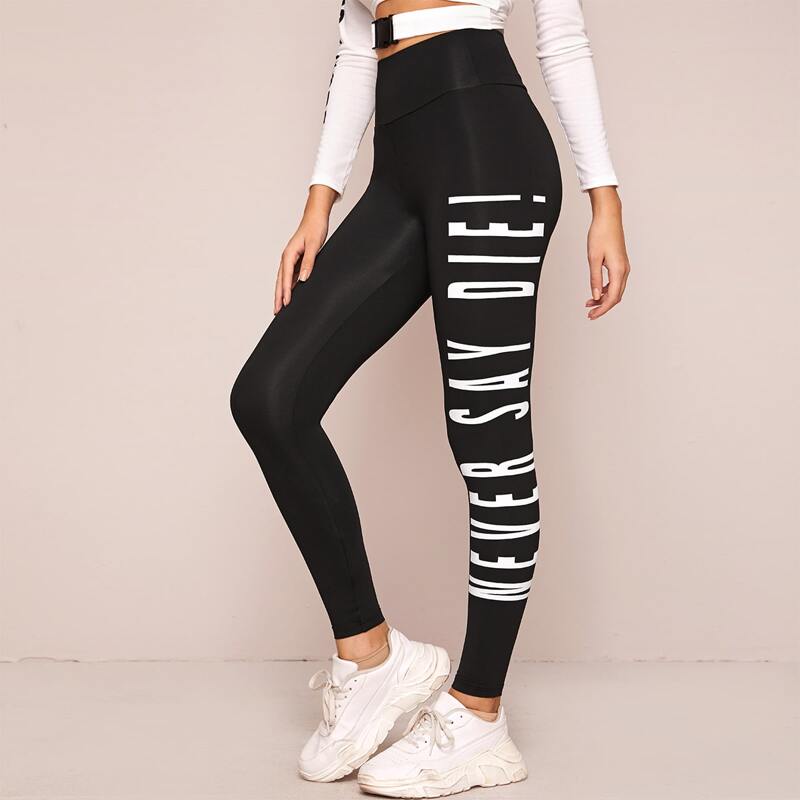 

Wide Waistband Slogan Graphic Leggings, Black