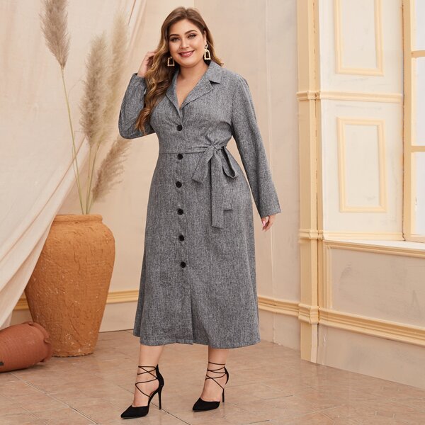

Plus Notched Collar Single Breasted Belted Dress, Grey