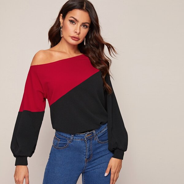 

Asymmetrical Neck Colorblock Top, Multicolor