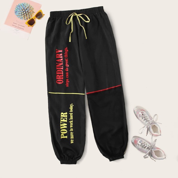 

Plus Drawstring Waist Slogan Graphic Windbreaker Pants, Black