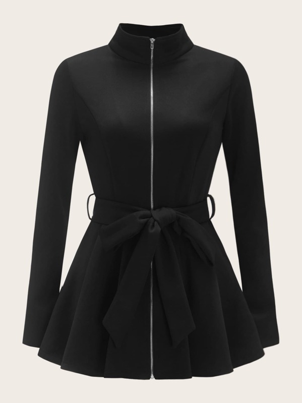 

Zipper Front Belted Skater Coat, Black