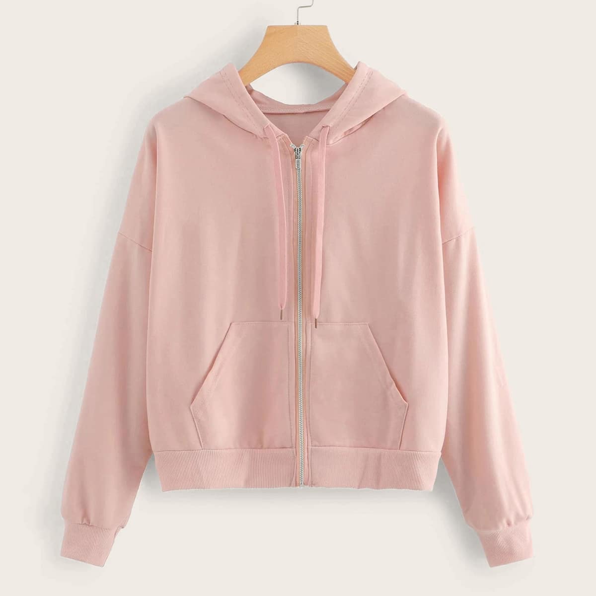 

Zip Up Drawstring Hooded Sweatshirt, Pink pastel