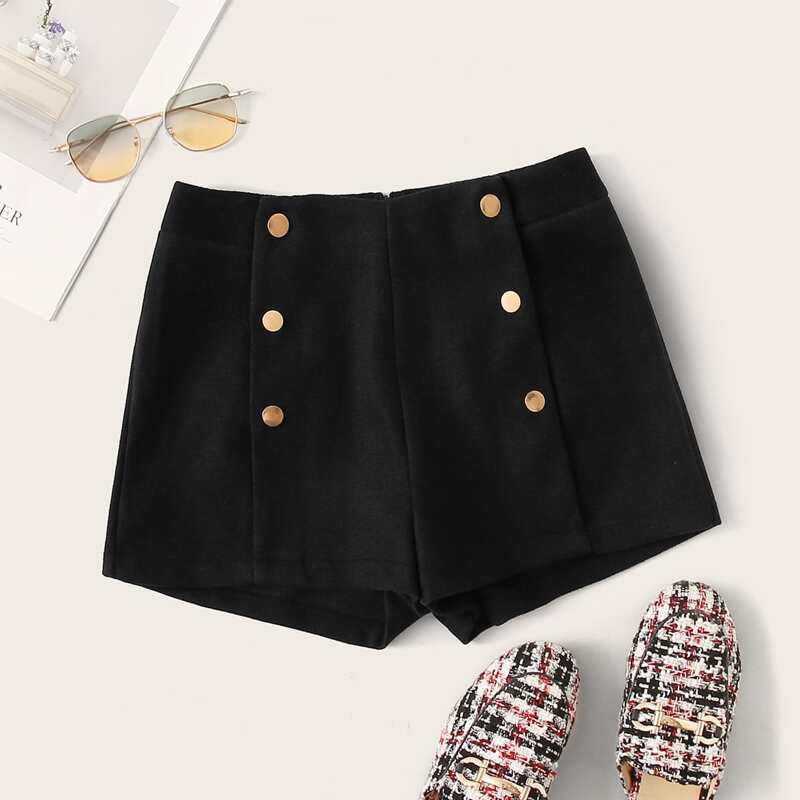 

Solid Button Detail Zip Back Shorts, Black