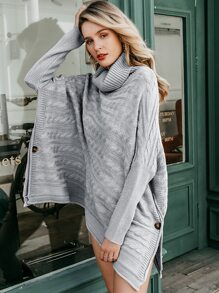 Simplee Button Detail Slit Hem Turtleneck Dolman Jumper