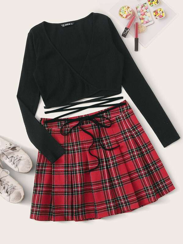 

Rib-knit Lace Up Wrap Top & Tartan Skirt Set, Multicolor, Luiza