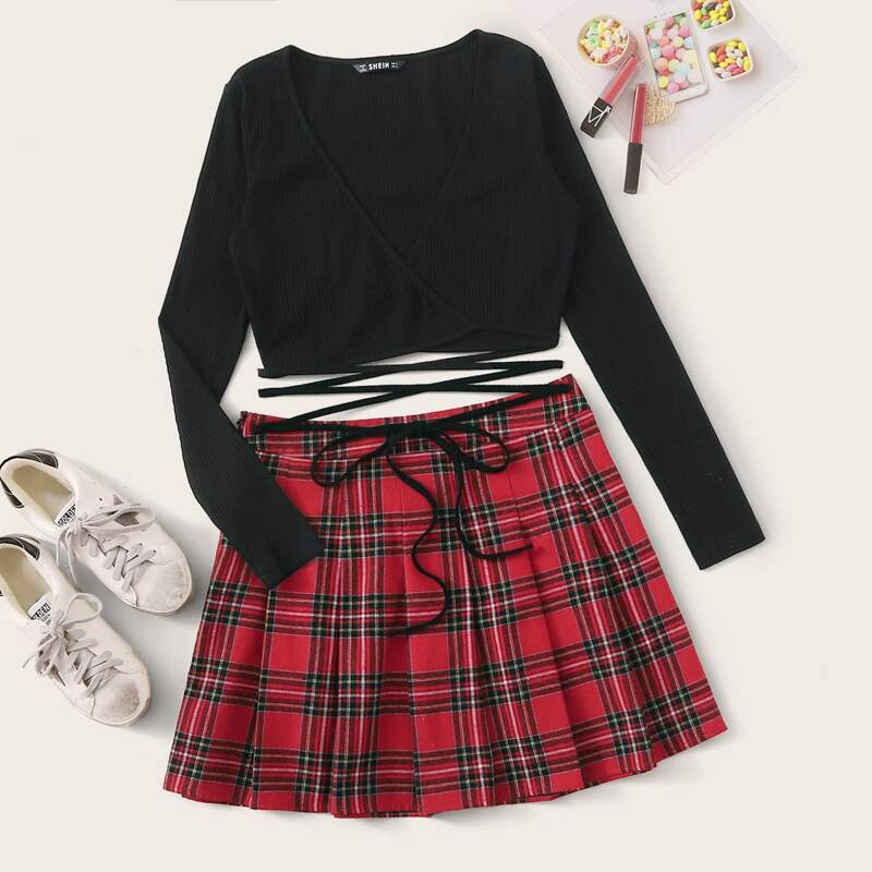 

Rib-knit Lace Up Wrap Top & Tartan Skirt Set, Multicolor
