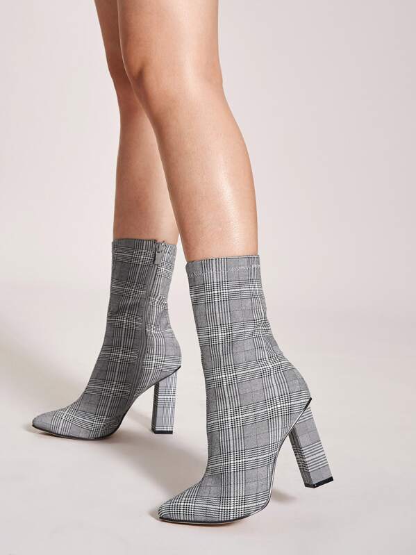 

Point Toe Plaid Chunky Boots, Grey