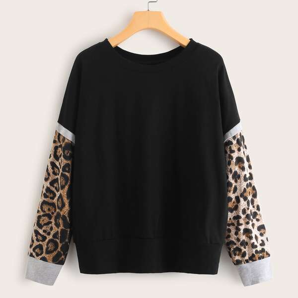 

Contrast Leopard Panel Sweatshirt, Black