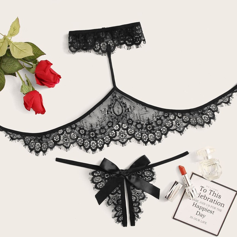 

Floral Lace Crotchless Lingerie Set With Choker, Black