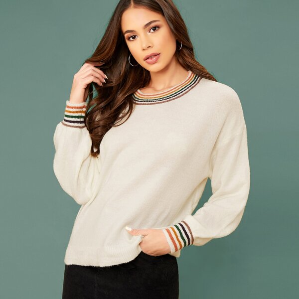 

Stripe Trim Crew Neck Pullover Knit Sweater, Beige