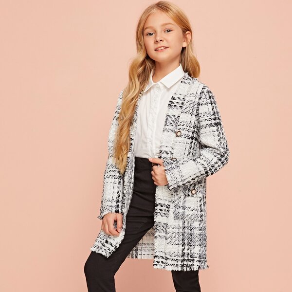 

Girls Double Breasted Patch Pocket Raw Edge Tweed Coat, Black and white