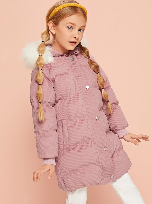 

Girls Faux Fur Trim Hooded Padded Cord Coat, Pink, Arina