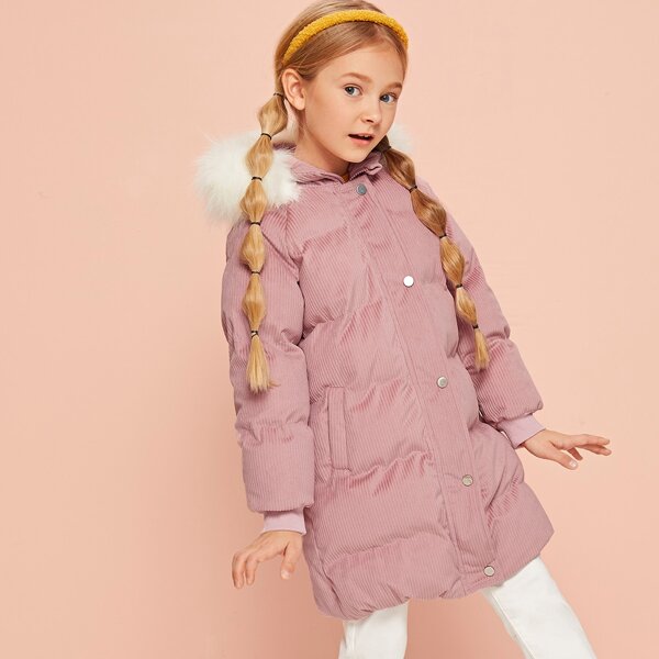 

Girls Faux Fur Trim Hooded Padded Cord Coat, Pink pastel