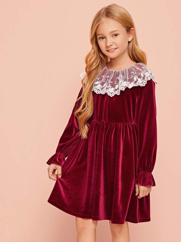 

Girls Embroidered Mesh Ruffle Trim Velvet Dress, Burgundy, Arina