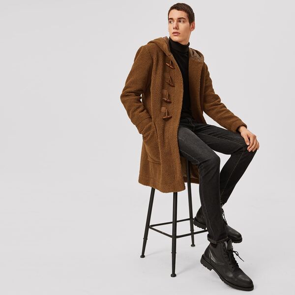 

Men Pocket Front Hooded Fleece Duffle Coat, Brown