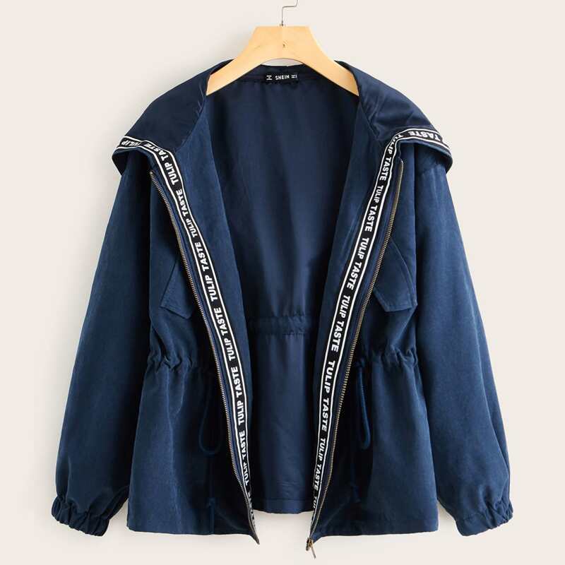 

Letter Tape Detail Drawstring Waist Jacket, Navy