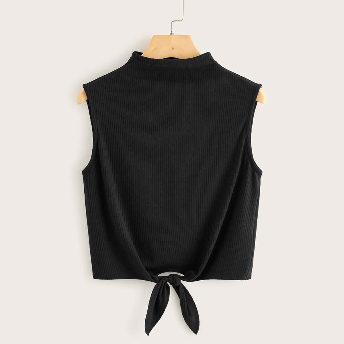 

Knot Hem Rib-knit Tank Top, Black