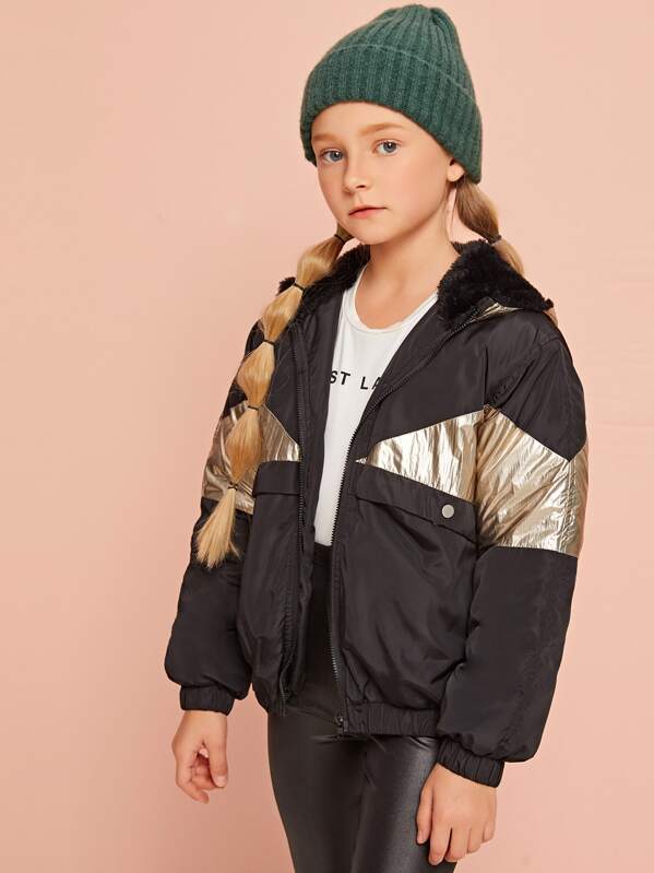 

Girls Metallic Panel Flap Detail Windbreaker Jacket, Black, Arina