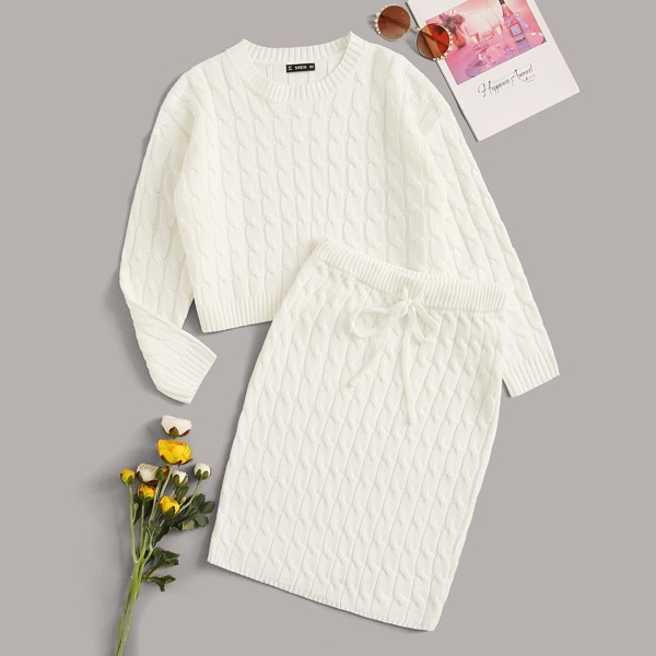

Cable Knit Solid Sweater & Drawstring Waist Skirt Set, White