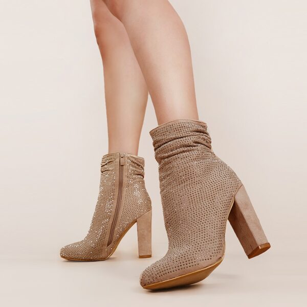 

Scrunched Rhinestone Shaft Heeled Sock Booties, Camel