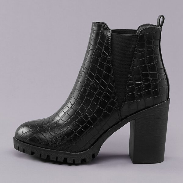 

Side Goring Lug Sole Block Heel Croc Booties, Black