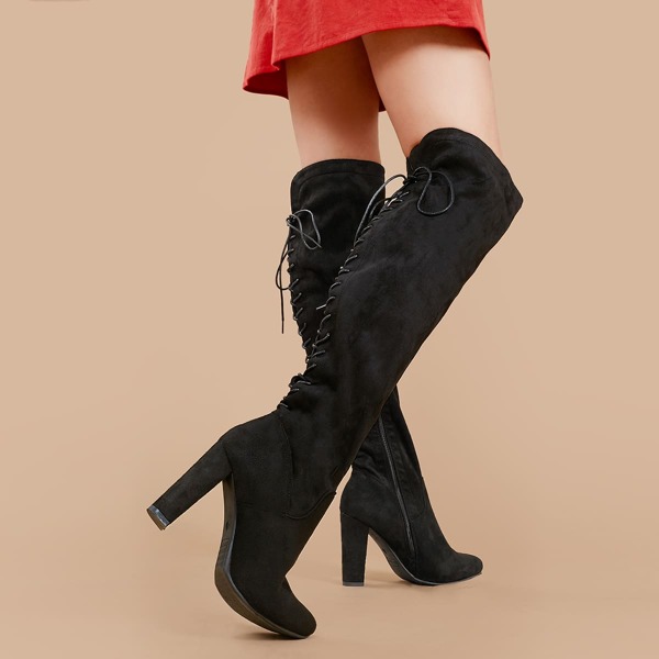 

Lace Up Back Chunky Heel Thigh High Boots, Black