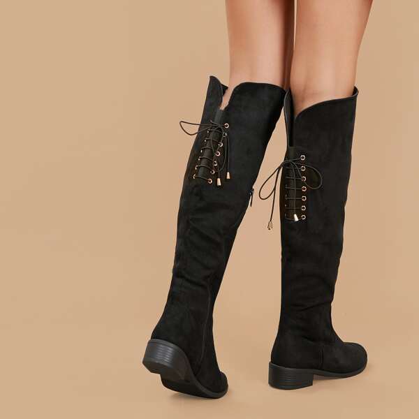 

Lace Back Knee Length Almond Toe Boots, Black