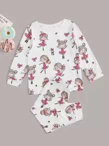 Young Girl Cartoon Figure Graphic PJ Set - White - View 1