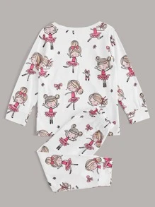 Young Girl Cartoon Figure Graphic PJ Set - White - View 2