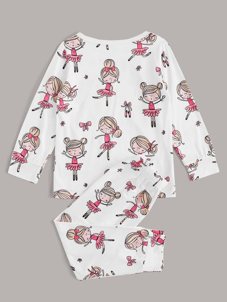 Young Girl Cartoon Figure Graphic PJ Set - White - View 2