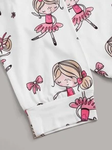 Young Girl Cartoon Figure Graphic PJ Set - White - View 3