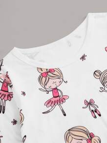 Young Girl Cartoon Figure Graphic PJ Set - White - View 4